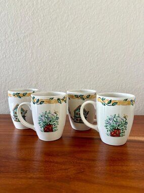 Set of 4 Vintage Thomson Pottery Bird Mugs Birdhouse Flowers Ivy Mug Set Country